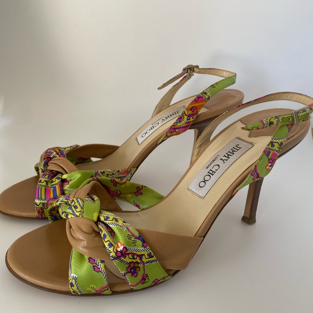 Jimmy Choo high heal silk and leather sandals with vibrant pattern size 39